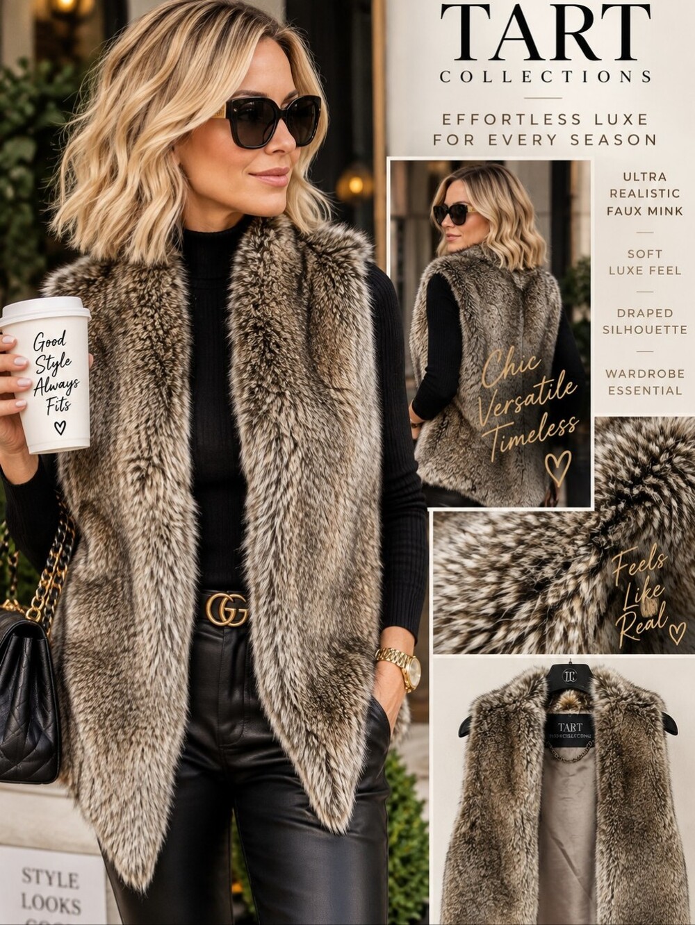 Tart Collections XS Ultra Realistic Faux Mink Fur Vest Brown Gray Draped Luxe